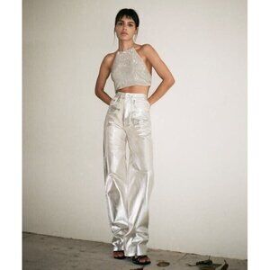 NWT Zara silver foil relaxed fit straight leg mid waist jeans, 4